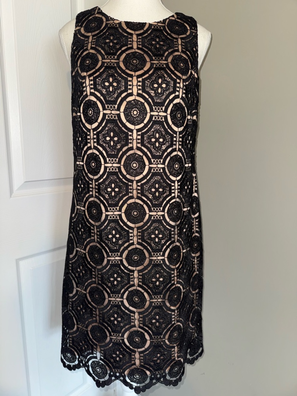 Eliza J Black Lace Shift Sheath Midi Sleeveless Dress Nude Lining Sz 8 Cocktail